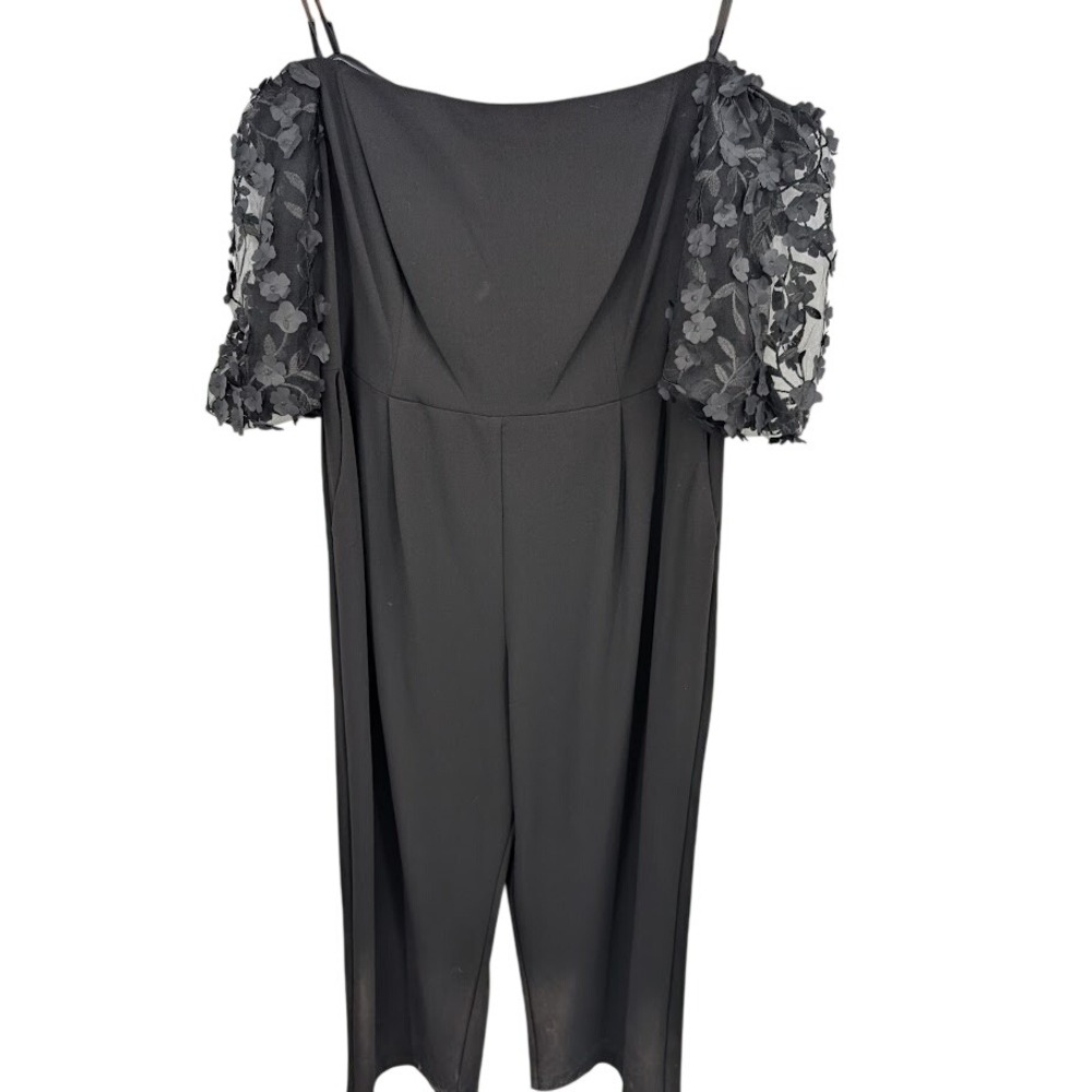 Xscape Jumpsuit Black Scuba Crepe Floral Puff Sleeves Wide‎ Leg NWT Women's 18w